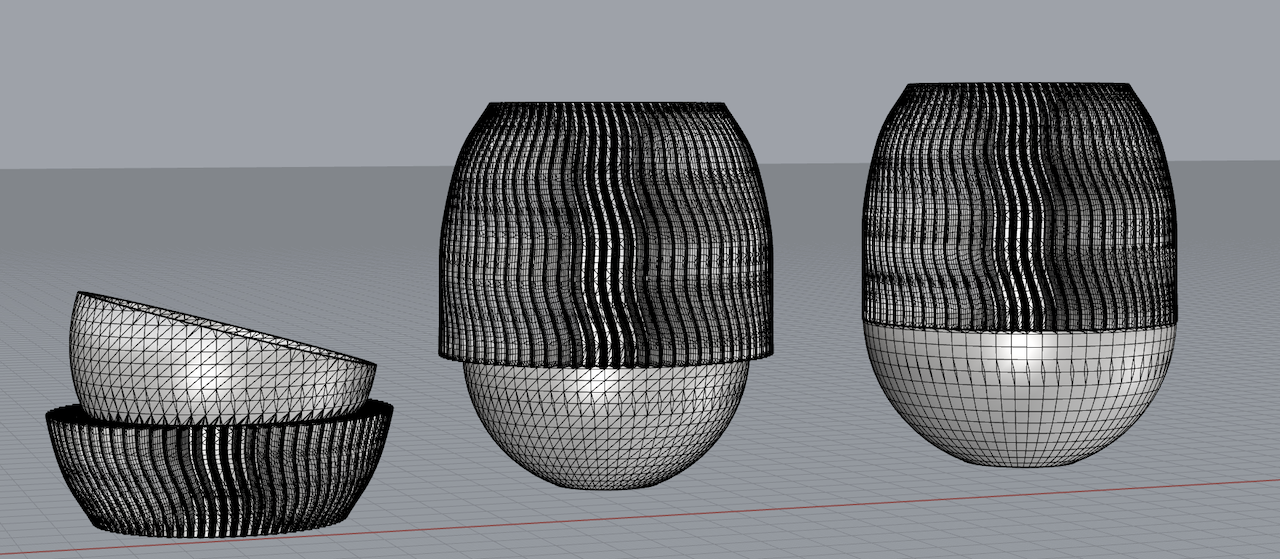 Rhino screenshot of three merged mesh vases