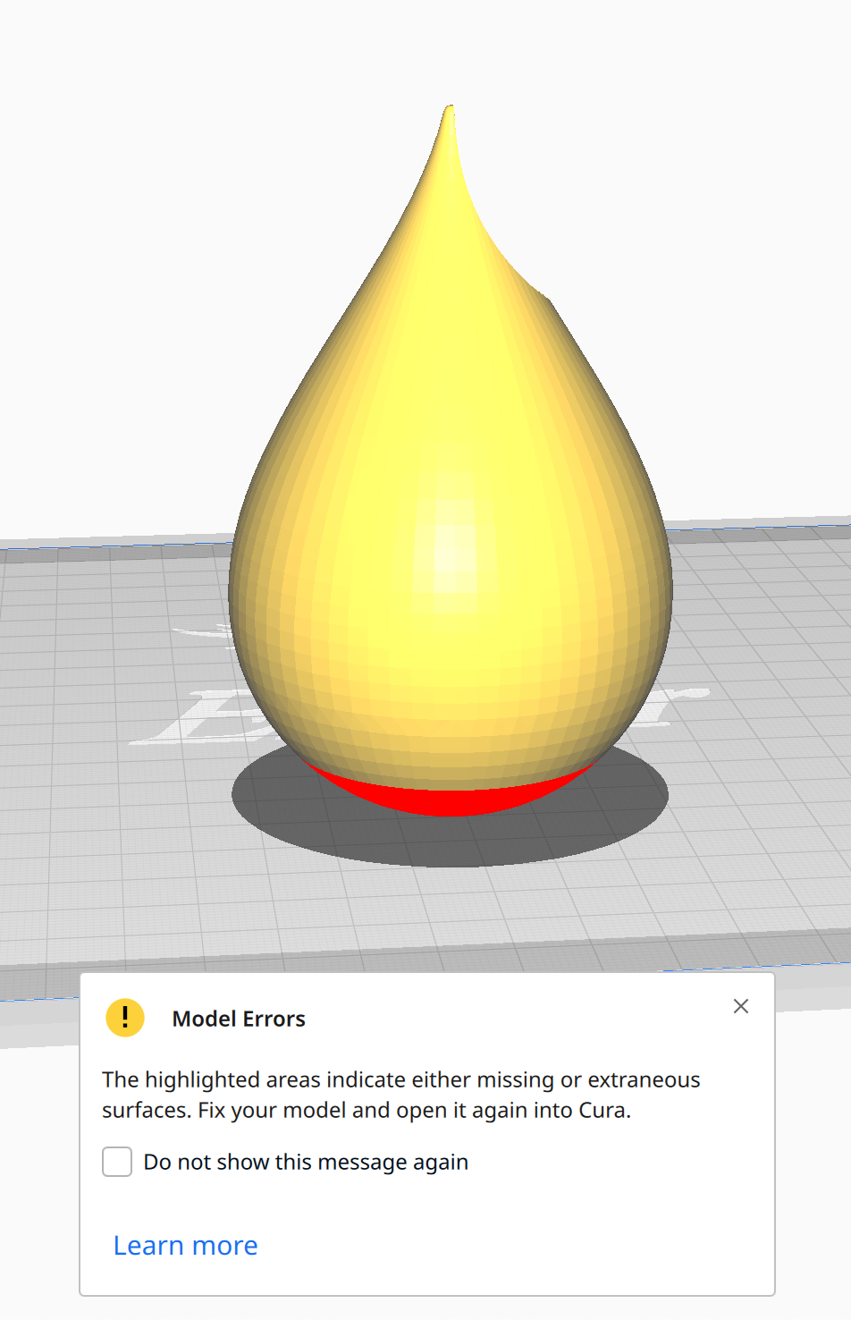 Cura screenshot of mesh error